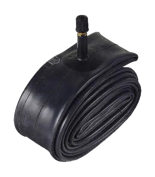 A black rubber bicycle inner tube, coiled and folded, with a black valve stem and a small brass ring, shown on a plain white background.