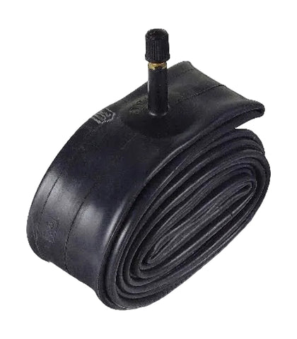 A black rubber bicycle inner tube, coiled and folded, with a black valve stem and a small brass ring, shown on a plain white background.