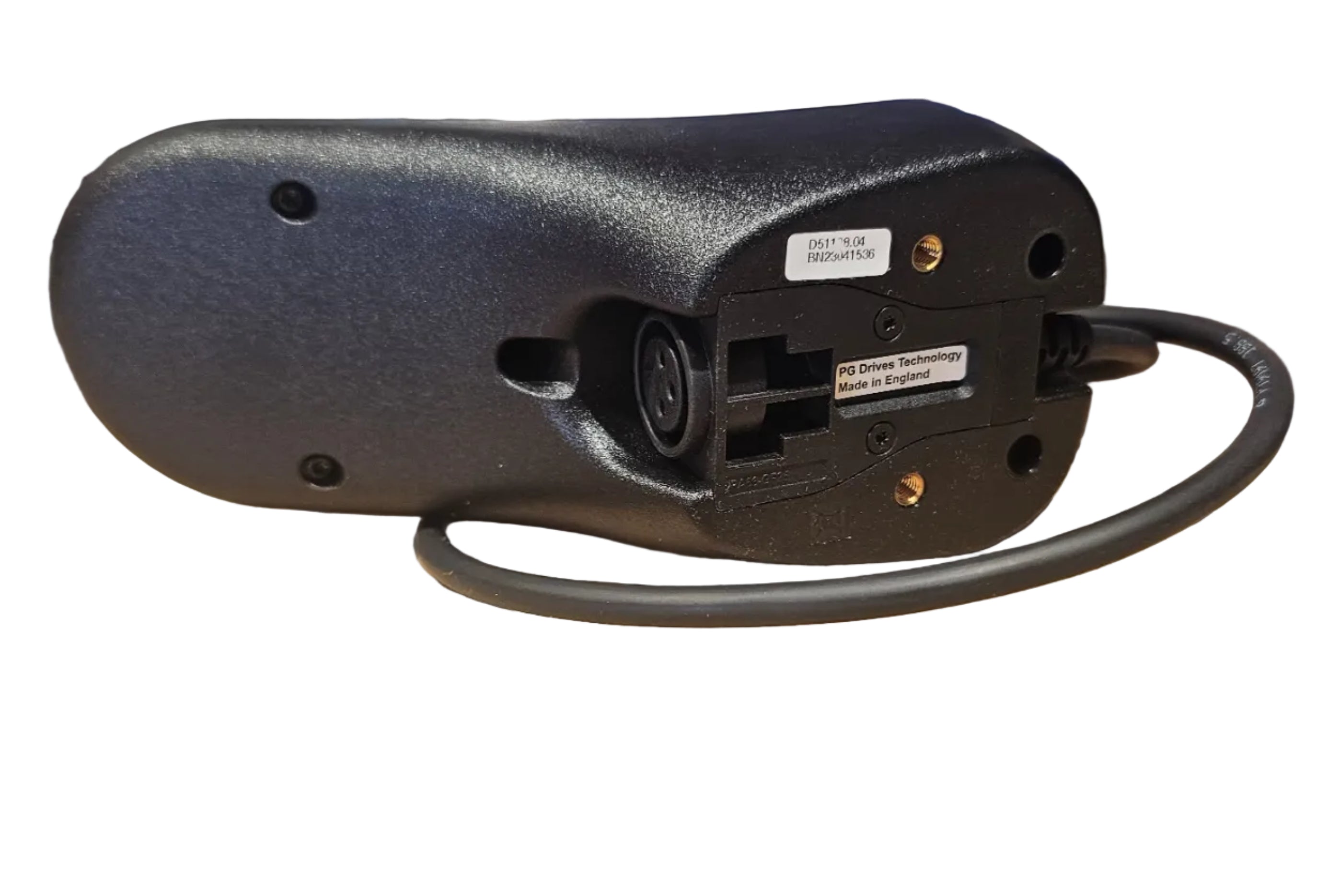 Black plastic powered wheelchair hand control label