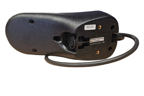 Black plastic powered wheelchair hand control label